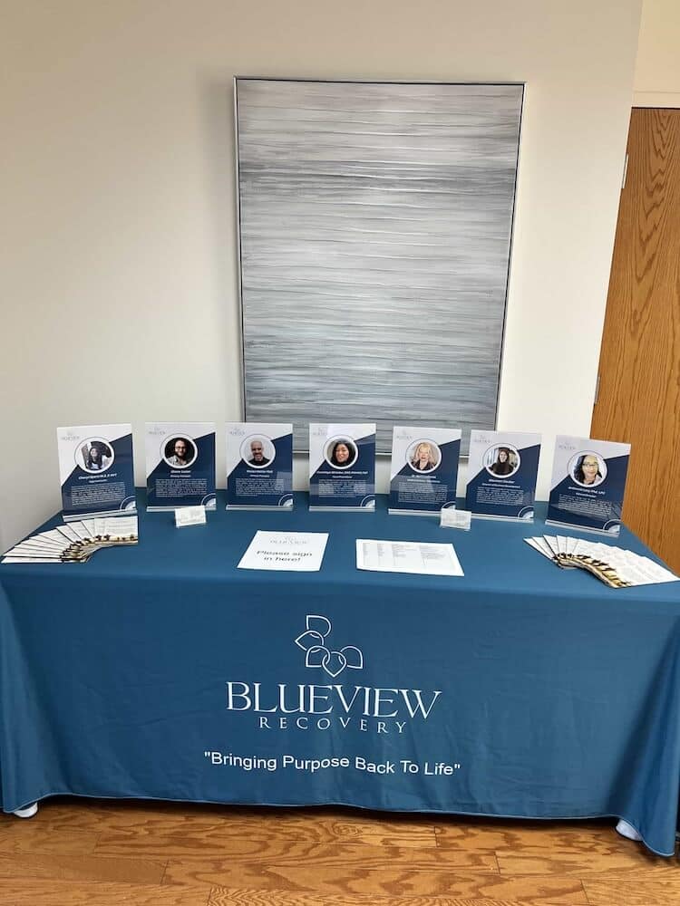 Blueview Recovery information table with clinician profiles and brochures.
