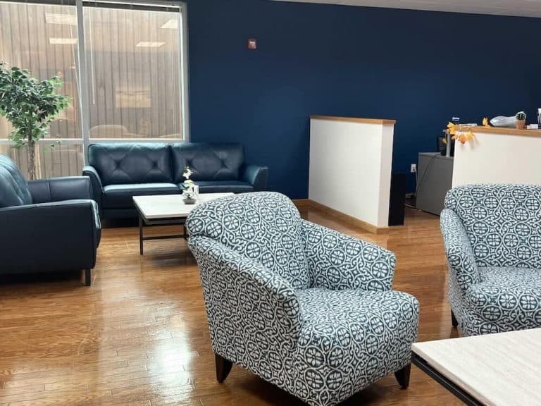 The Blueview waiting area, with sofas and natural light